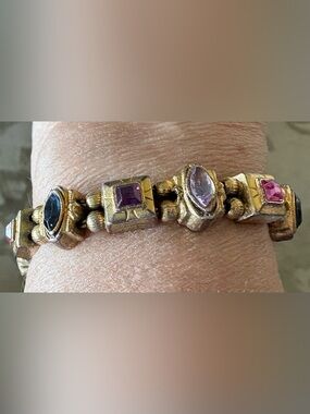 Upcycled Victorian Bracelet w Pink, Purple, Teal Blue and Ruby-colored Stones.